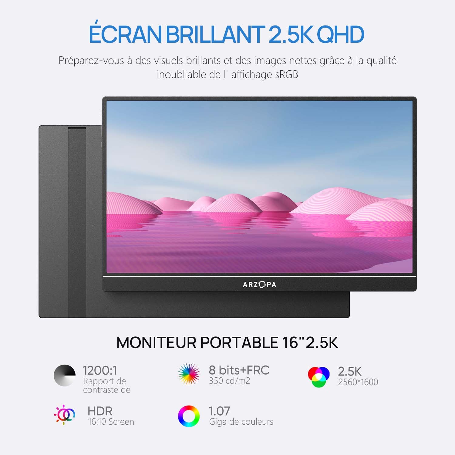 ARZOPA Z1RC Moniteur portable 2,5K, 16 pouces 2560 x 1600 HDR 500 nits 8 bits QHD USB-C HDMI, écran externe de protection des yeux 16:10 IPS, second écran pour Mac, PC, téléphone, PS4/5, Xbox, Switch