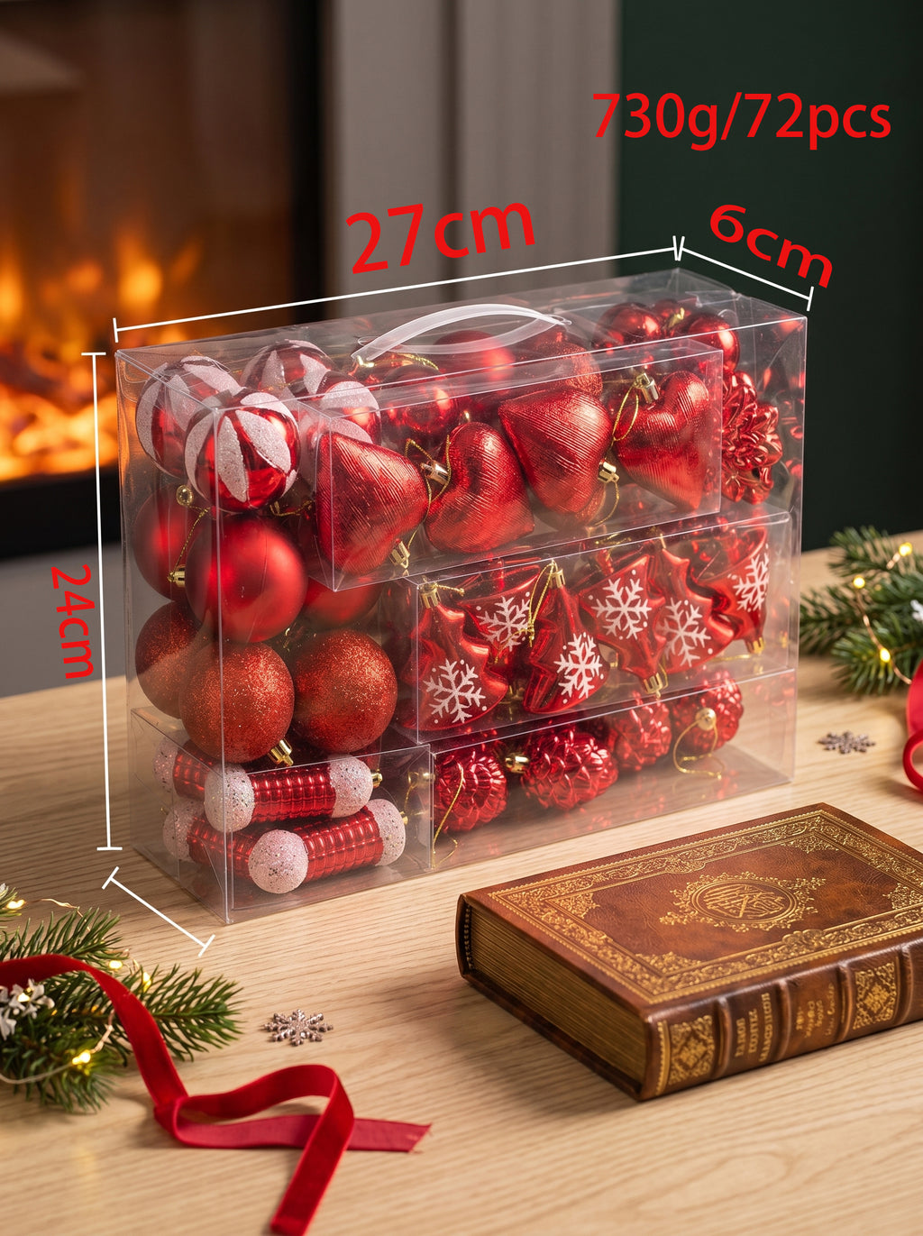 Ju7cer Lot de 72 boules de Noël, avec sapin de Noël, boules de Noël en forme de cœur, chaussettes de Noël, boules de Noël, pour la décoration du sapin de Noël, décoration de fêtes, rouge