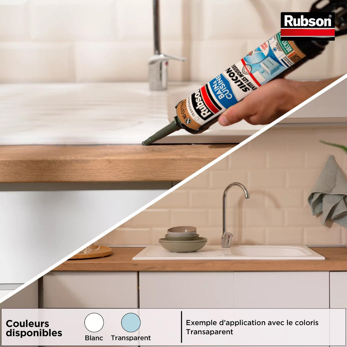 Rubson – Mastic Bain & Cuisine Pure Silicone Anti-Moisissures Blanc (lot de 2 cartouches 280 ml), mastic sanitaire à base de silicone, étanche renforcé en antifongique