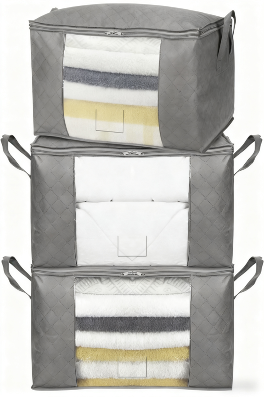 ANQI grand sac de rangement pliable à fermeture éclair + cube de rangement, avec fenêtre d'observation transparente et poignées, lot de 3, gris, promotion du Nouvel An chinois, excellent choix de cadeau
