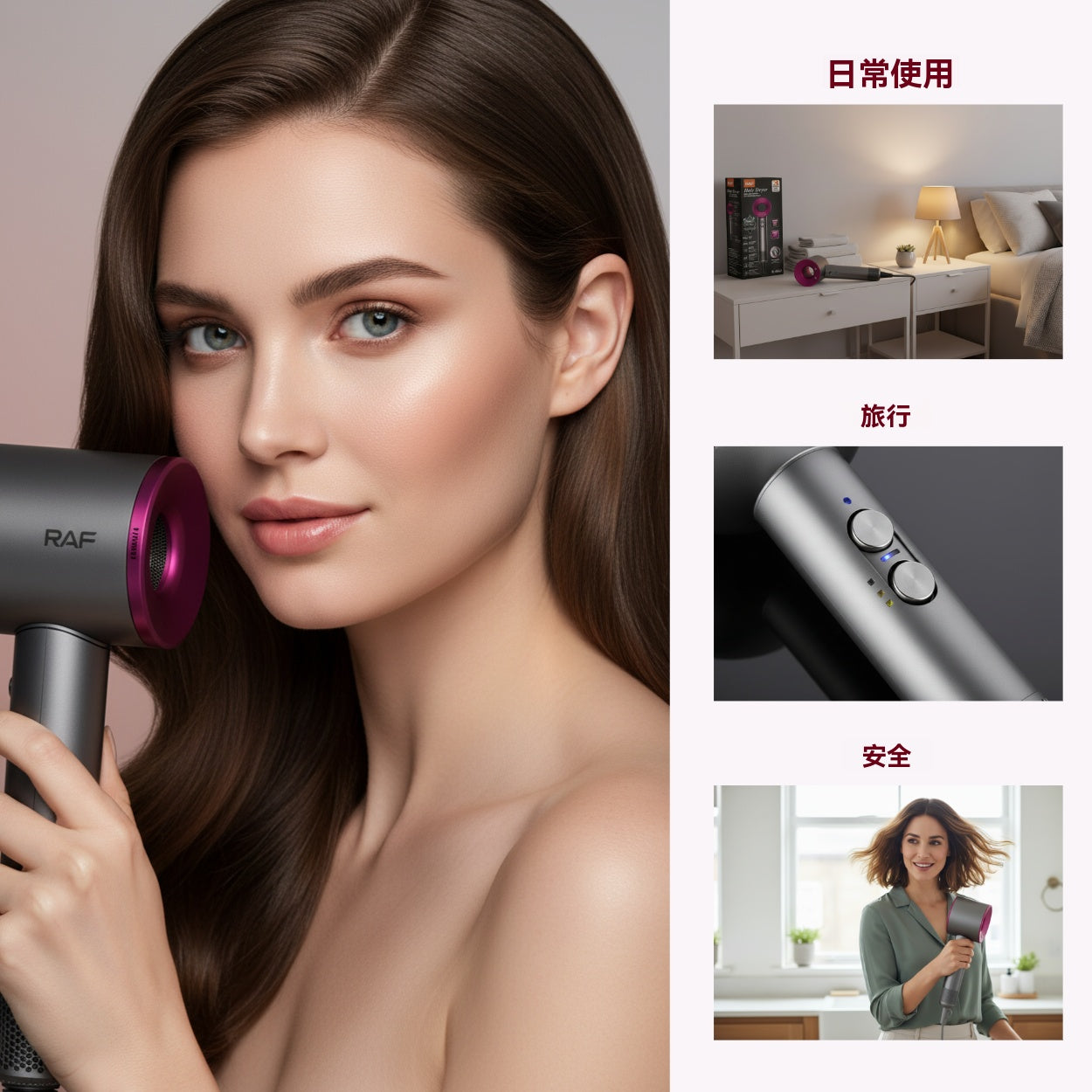 RAF Sèche-cheveux professionnel 1600 W, séchage rapide, 3 vitesses, 4 modes, protection contre la surchauffe, pour tous types de cheveux