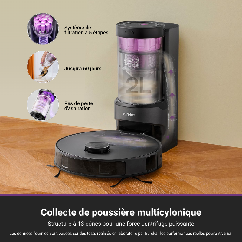 Eureka E20 Plus Aspirateur Robot avec Puissance d'Aspiration de 8000 Pa, Station de Vidage Automatique, Fonction Anti-Emmêlement, Évitement d'Obstacles 3D, Autonomie de 180 Minutes, DuoDetect IA, Noir