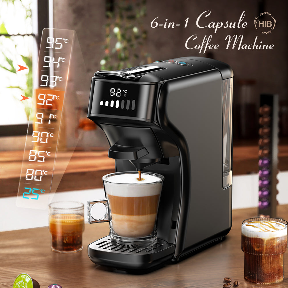 HiBREW H1B Machine à café à dosettes 6-en-1, Réservoir d'eau de 600 ml, Extraction sous pression de 19 bars, Mode froid/chaud, Indicateur LED, pour Kcup*/Nes*/DG*/Poudre d'espresso, Noir
