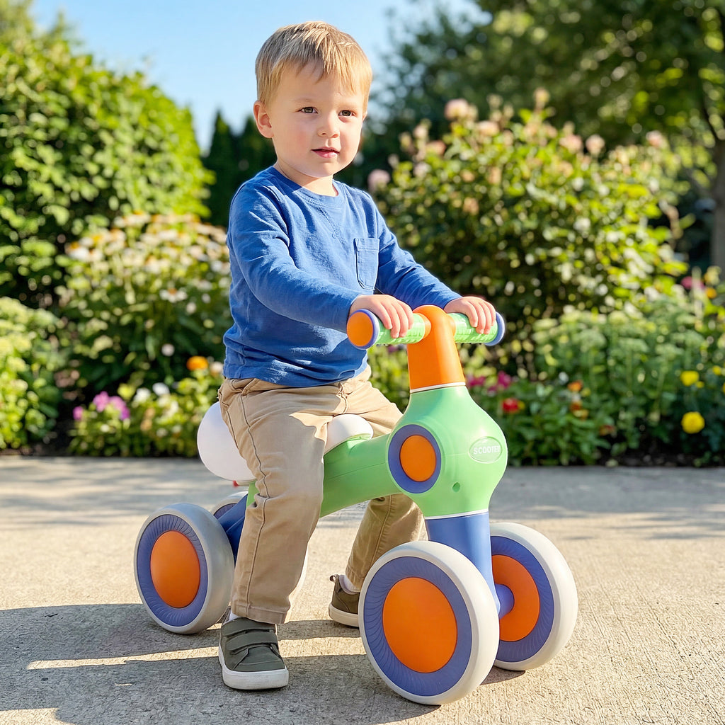 Draisienne pour bébé, siège rembourré réglable, 4 roues silencieuses, sans pédales, vert