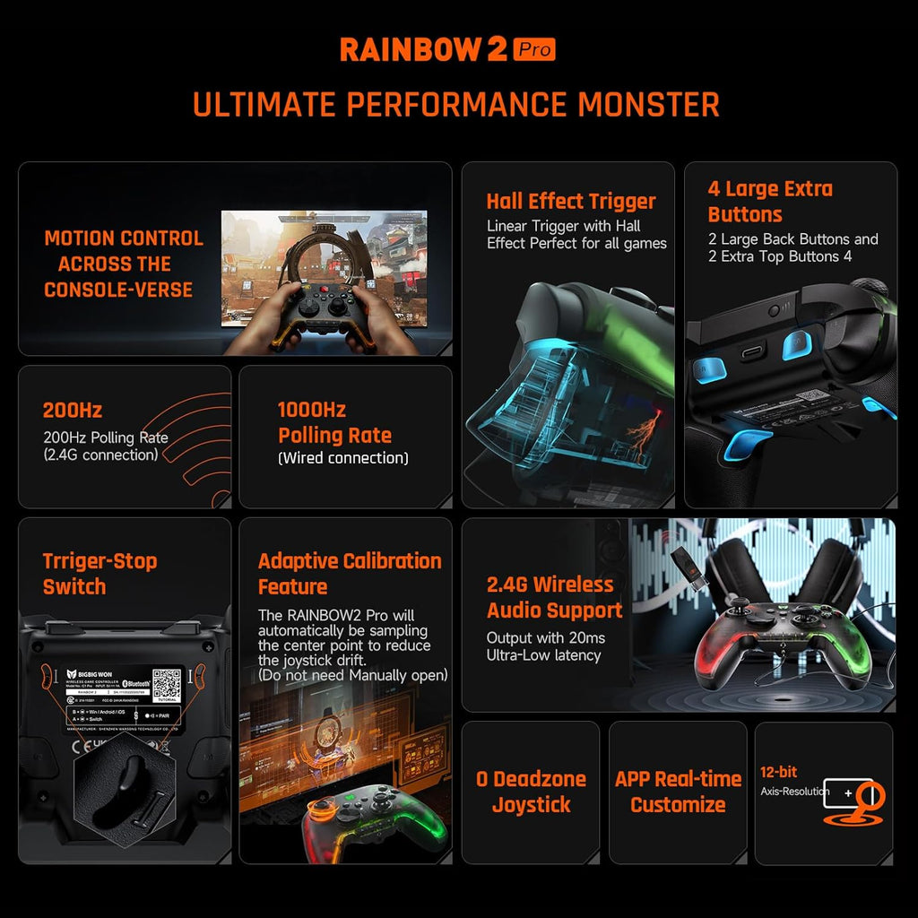 BIGBIG WON Rainbow 2 Pro Manette de jeu filaire avec gyroscope 6 axes, réveil à une touche, Macro, Turbo, double vibration, boutons personnalisables, éclairage RGB pour PC/Switch Lite/PS4