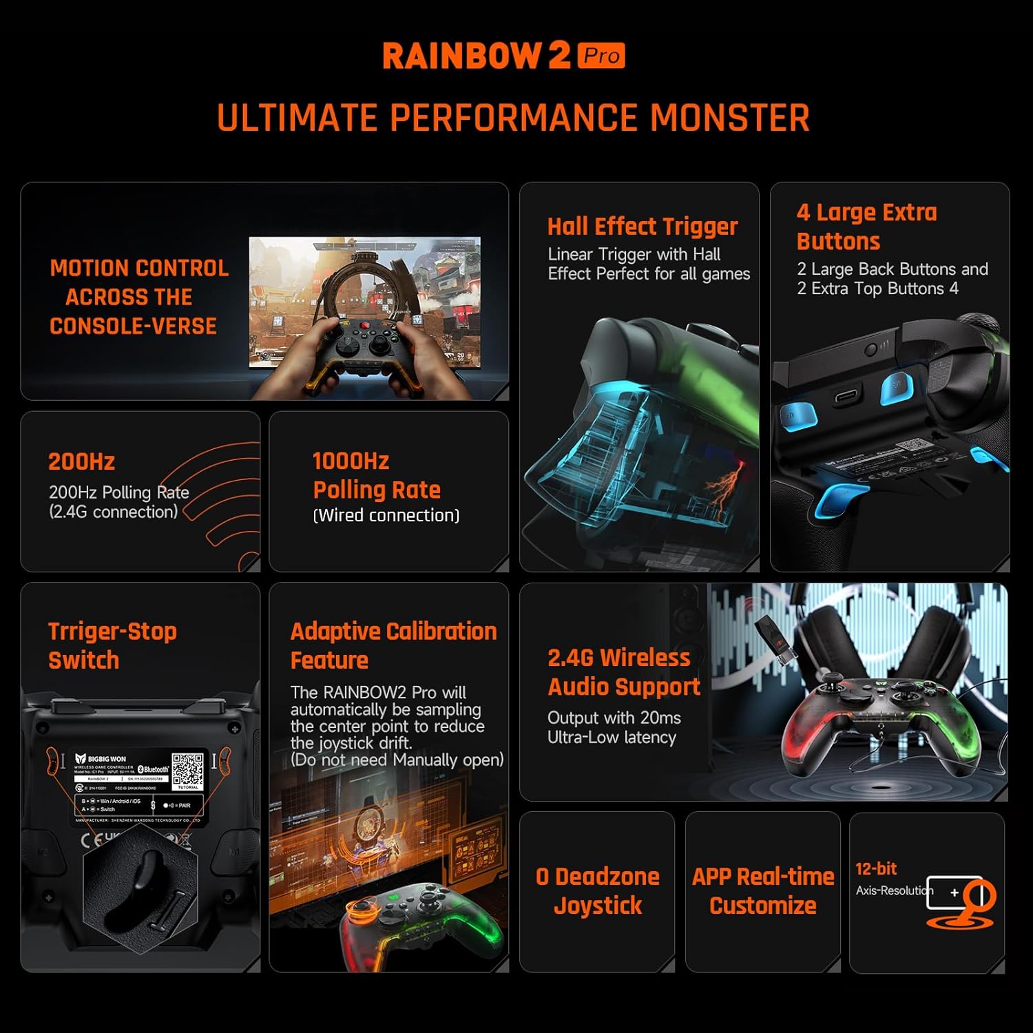 BIGBIG WON Rainbow 2 Pro Manette de jeu filaire avec gyroscope 6 axes, réveil à une touche, Macro, Turbo, double vibration, boutons personnalisables, éclairage RGB pour PC/Switch Lite/PS4