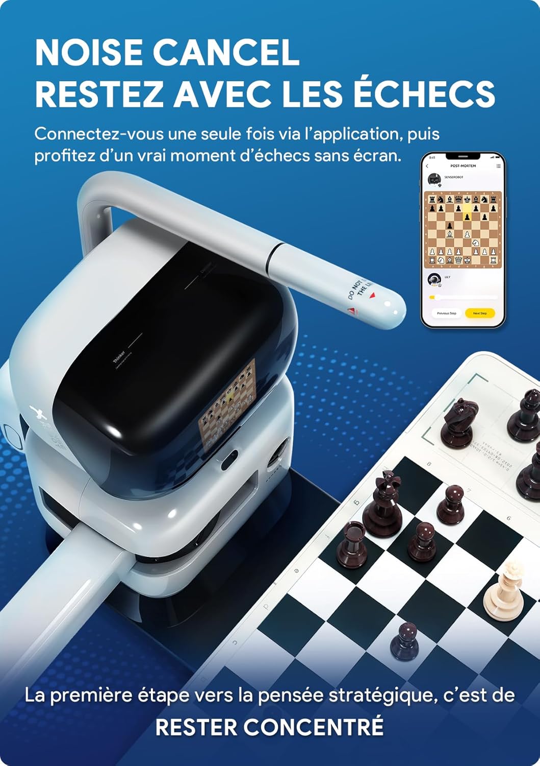 SenseRobot Adversaire intelligent pour jeu d’échecs – Robot d’échecs IA avec bras robotisé, 25 niveaux de difficulté IA, Plus de 1200 problèmes d’entraînement, Entraînement aux finales, Relecture de parties classiques, Guidage vocal, Intégration Lich