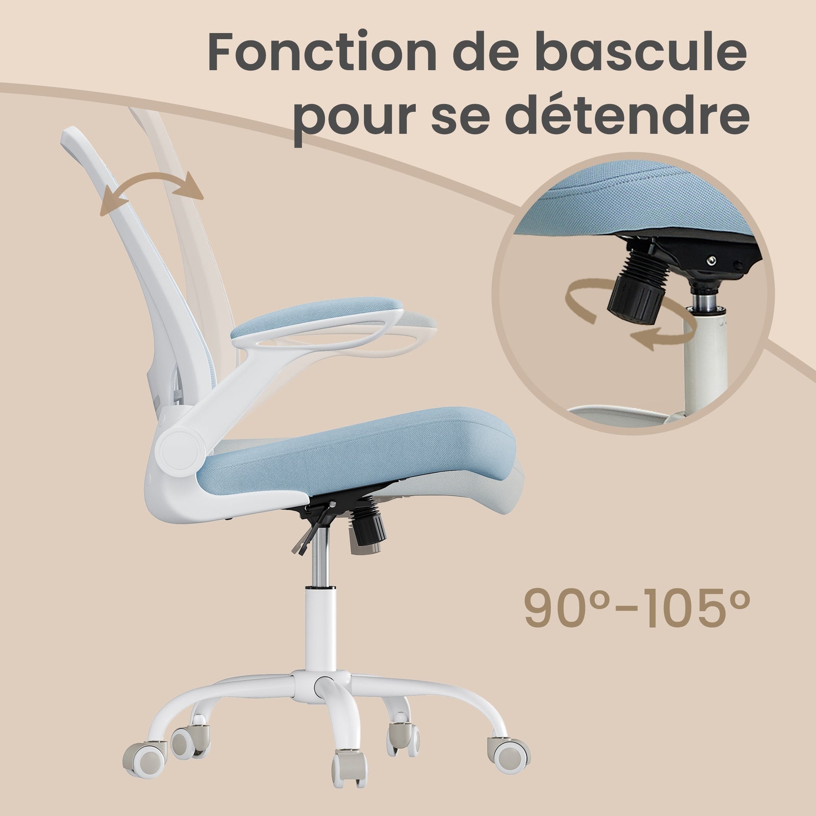 JOYFURNOS Chaise de bureau en maille, Chaise pivotante ergonomique, Accoudoirs rabattables, Bleu