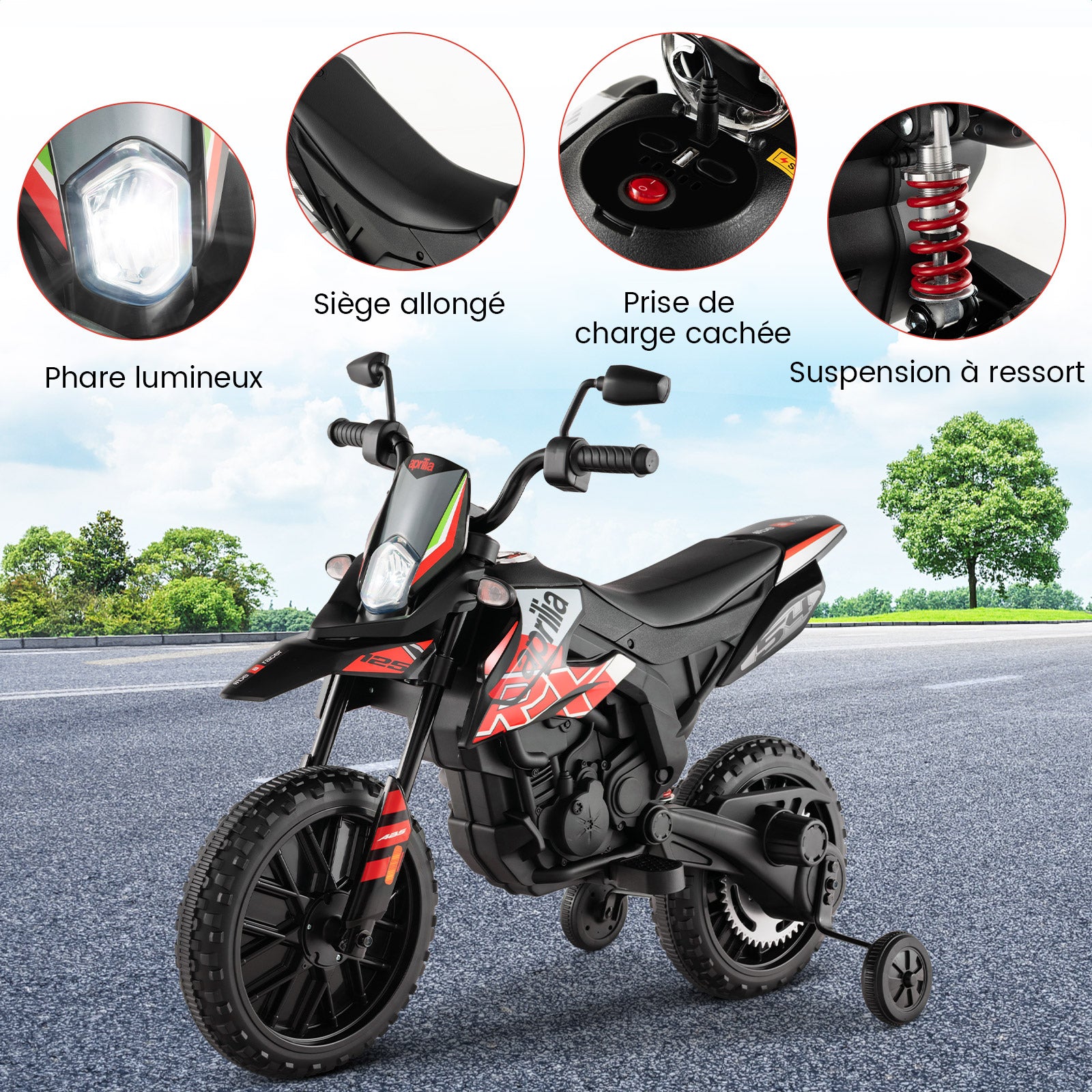 Moto électrique pour enfants 12 V avec roues d'apprentissage, modèle sous licence Aprilia, rouge