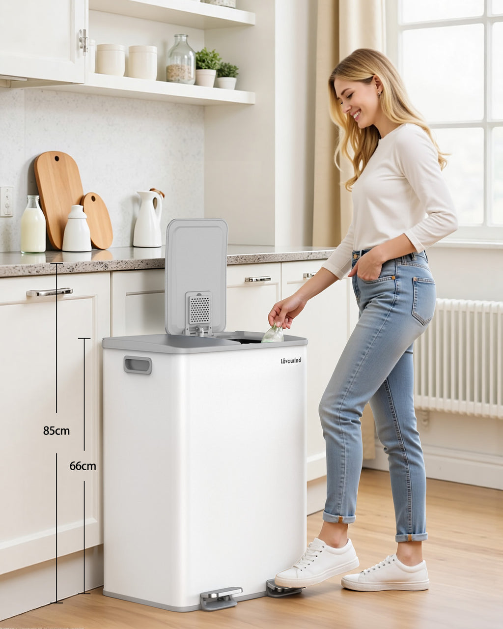 Poubelle de cuisine 60 L (2 x 30 L) en acier inoxydable, poubelle et bac de recyclage combinés avec couvercle à fermeture douce, poubelle à pédale à double compartiment pour recyclage, blanc