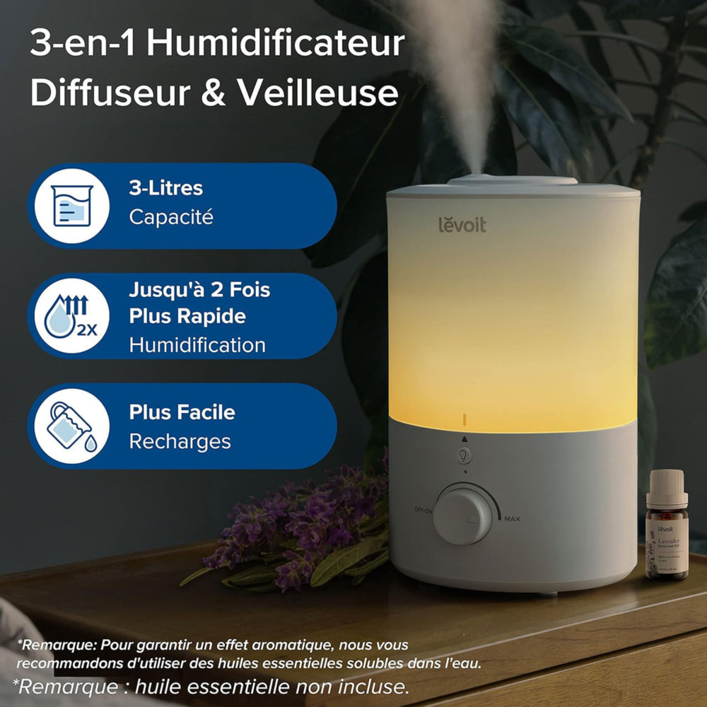 LEVOIT D302 Dual 150 Humidificateur d’air à ultrasons à brume froide Blanc