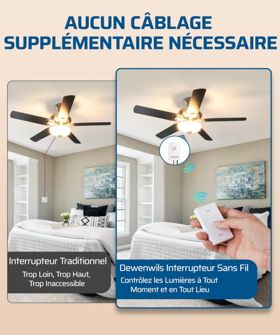 DEWENWILS Ensemble d'interrupteurs d'éclairage sans fil, Magnétique amovible, 230 V, Portée 30 m, Aucun câblage requis