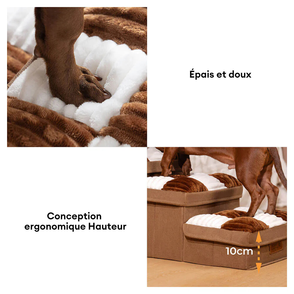 FUNNYFUZZY Escalier pour animaux de compagnie chats et chiens, 2 niveaux, Design à carreaux, Fait main, Marron, Avec espace de rangement, Capacité de charge jusqu'à 20 kg, 45 x 34 x 25 cm