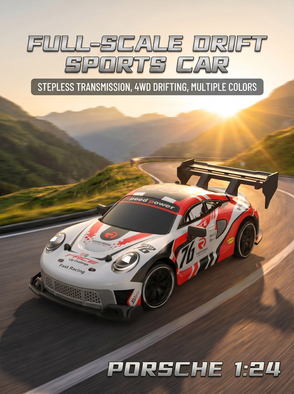 Voiture de Drift RC 4WD Haute Vitesse 1:24, 2,4 g, Moteur 25000 RPM, Pneus de Drift et Lumières LED, Cadeau de Course Intérieure de 50 m pour Enfants et Adolescents, One Piece en Blanc