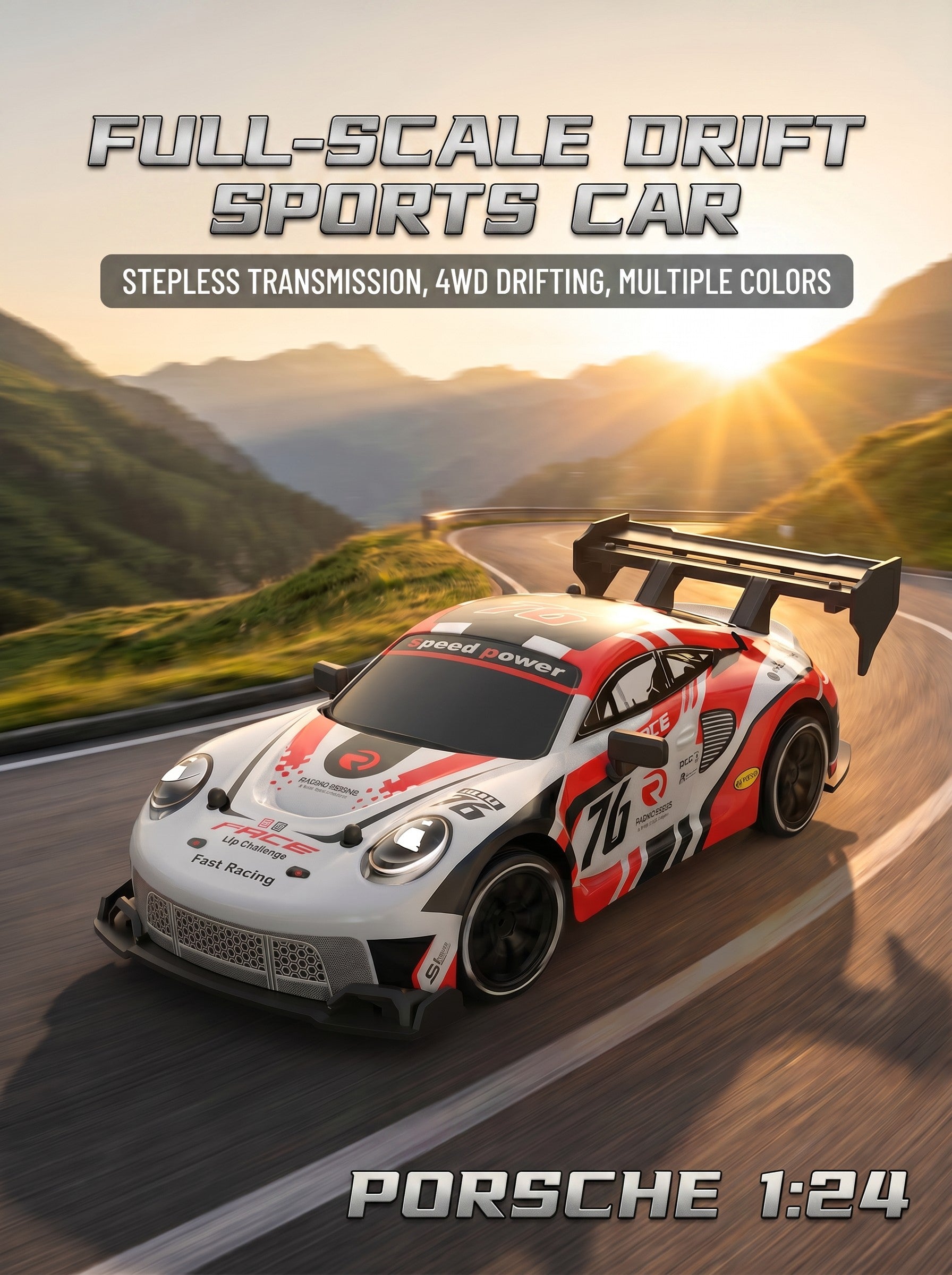 Voiture de Drift RC 4WD Haute Vitesse 1:24, 2,4 g, Moteur 25000 RPM, Pneus de Drift et Lumières LED, Cadeau de Course Intérieure de 50 m pour Enfants et Adolescents, One Piece en Blanc