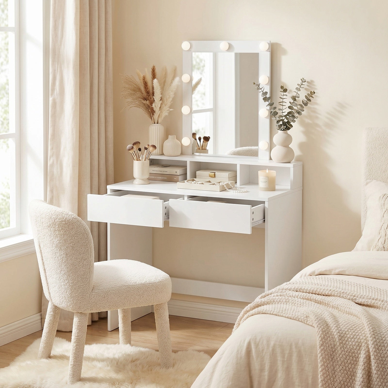 JOYFURNOS Coiffeuse avec Grand Miroir LED, 2 Tiroirs et 3 Compartiments, Coin Beauté, Style Moderne, Blanc