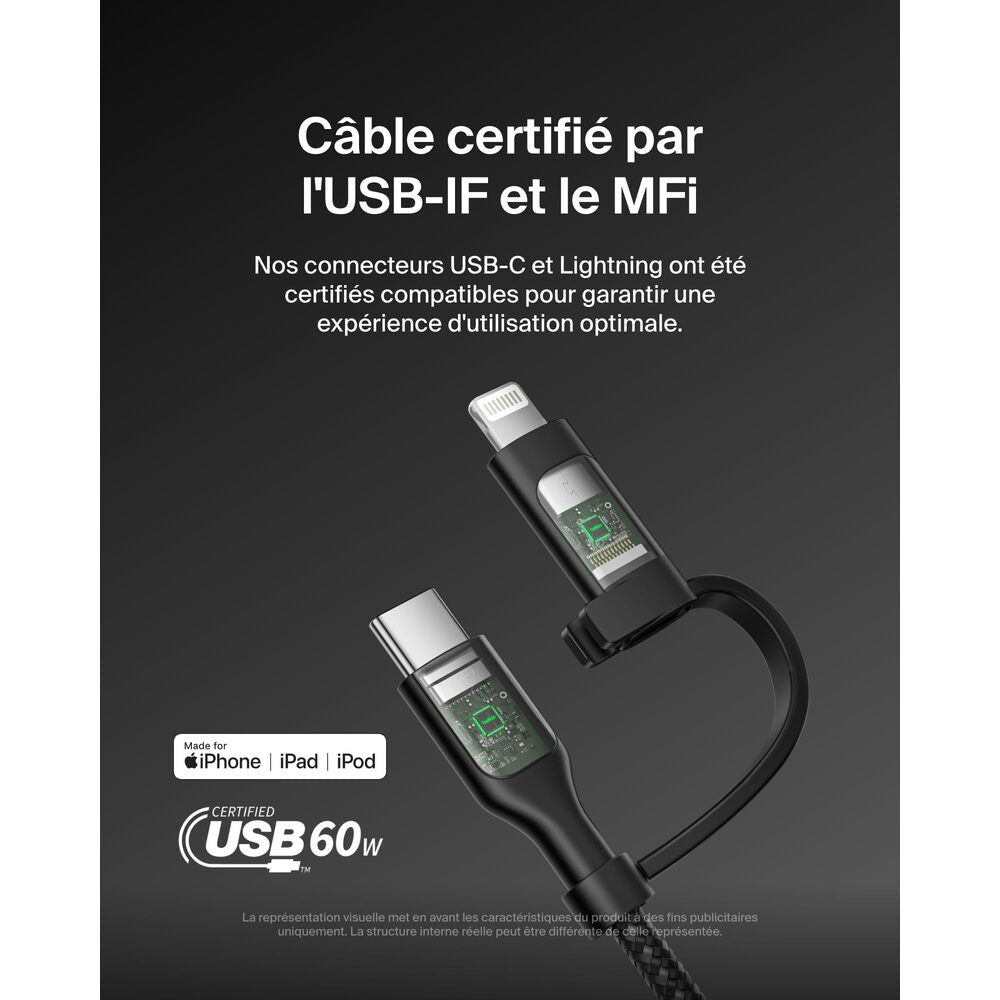 Belkin Câble tressé 2-En-1 USB-C & Lightning PCR 1,5 m - Noir