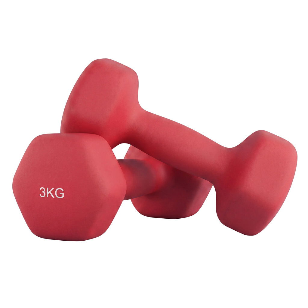 JOYFURNOSLot de 2 haltères hexagonaux en néoprène, 2 x 3 kg, avec barres d’haltères, entraînement à domicile, Rouge
