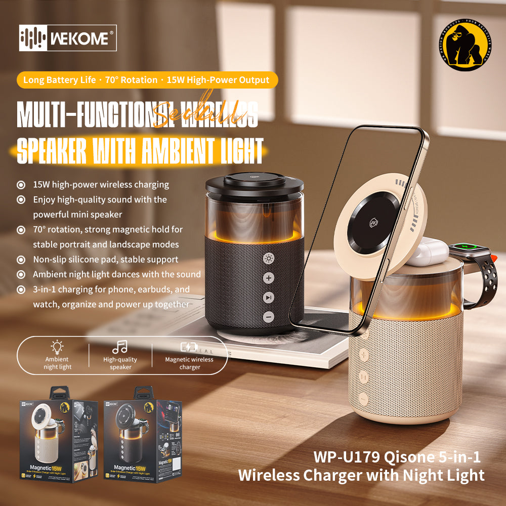 WEKOME Qisong Veilleuse 5-en-1 avec charge rapide sans fil TP-U179 Convient pour les téléphones Apple, Huawei, Samsung, Xiaomi