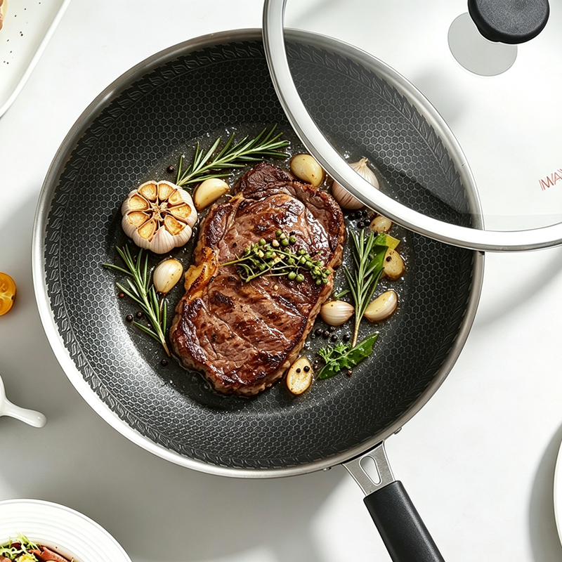 Maxcook Poêle wok 30 cm avec couvercle en verre trempé, intérieur en nid d'abeille antiadhésif en céramique, construction en acier inoxydable composite à 3 couches