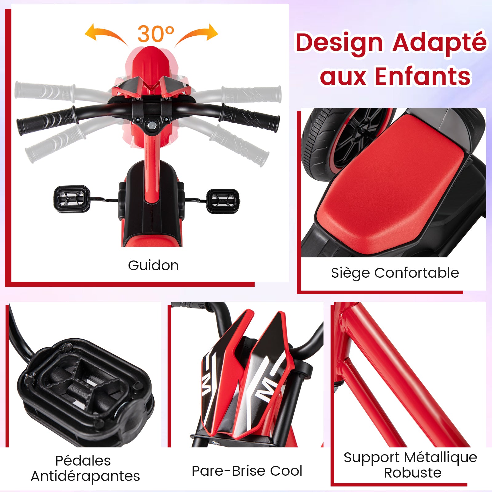 Costway Vélo enfant à trois roues avec pédales et guidon Rouge
