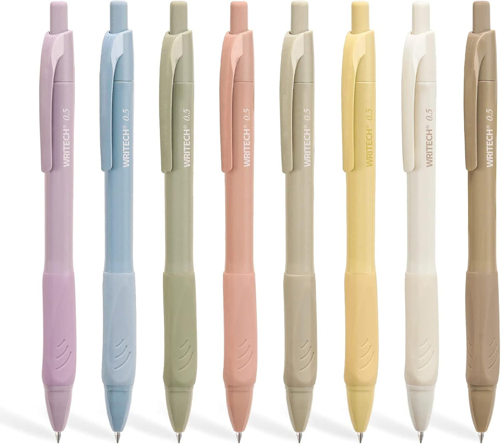 WRITECH Stylos gel 0,5 mm avec prise en main douce - Lot de 8 stylos rétractables à encre noire pour écriture fluide, sans bavure ni tache