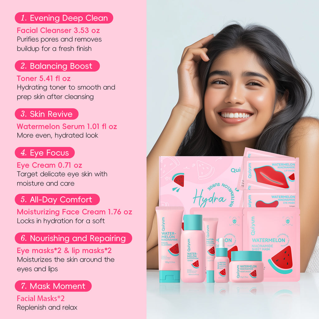 Quiyum Coffret de soins à la pastèque (13 pièces) - Nettoyant visage 100 g, lotion tonique 160 ml, sérum 30 ml, crème contour des yeux 20 g, crème visage 50 g