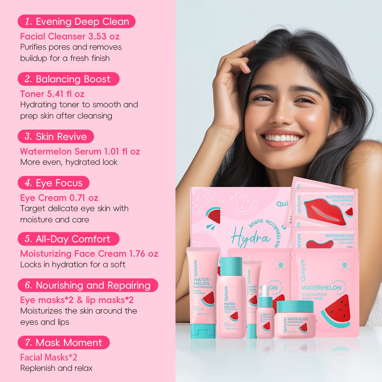 Quiyum Coffret de soins à la pastèque (13 pièces) - Nettoyant visage 100 g, lotion tonique 160 ml, sérum 30 ml, crème contour des yeux 20 g, crème visage 50 g
