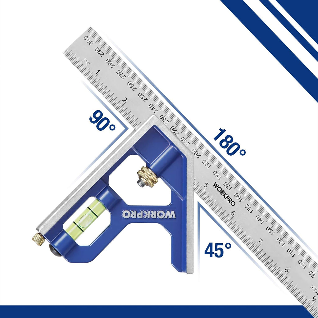 WORKPRO Équerre combinée 12in/300 mm, construction en acier inoxydable et zinc, 32 cm, bleu transparent, graduation 0-300 mm, outil de mesure pour ingénieurs et menuisiers