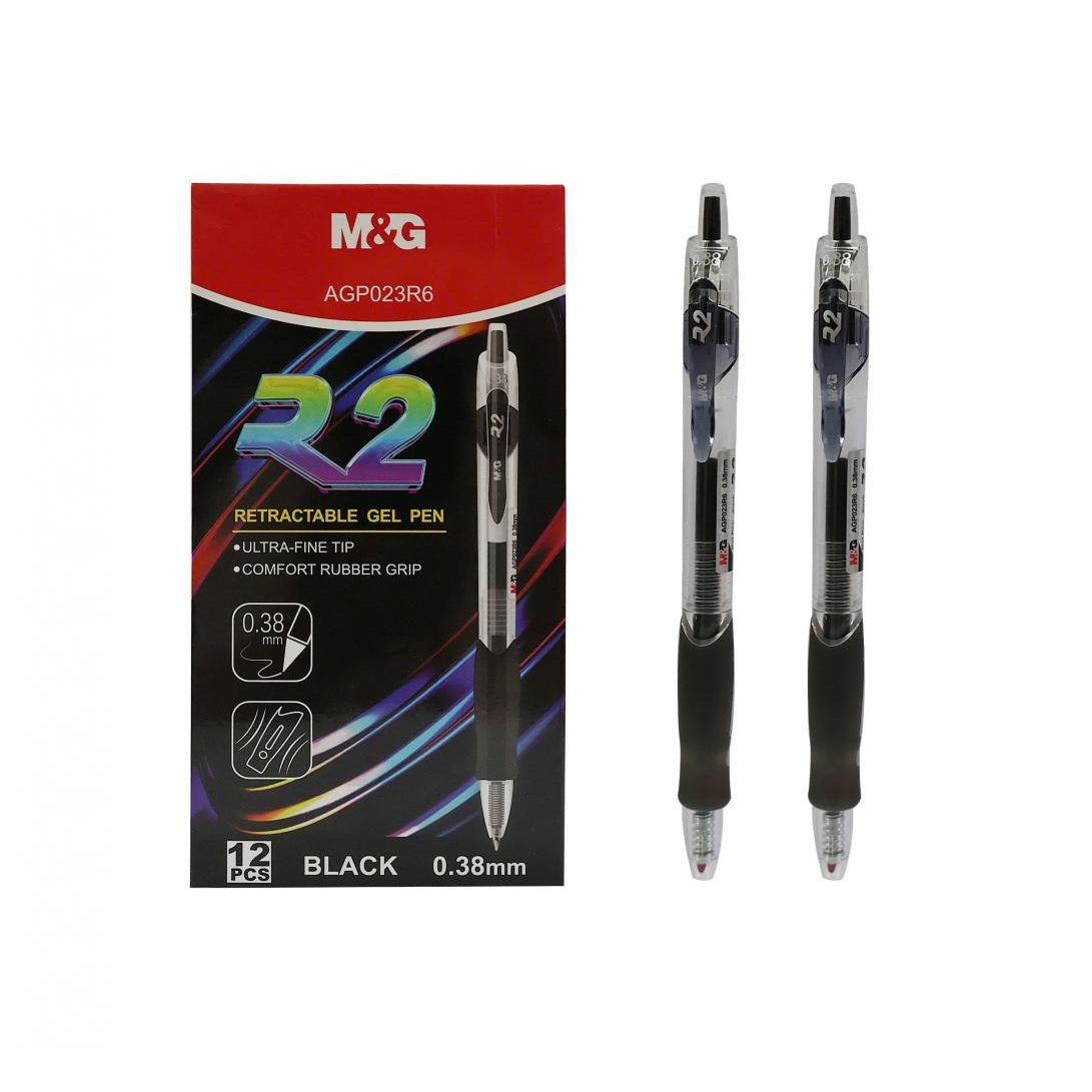 M&G Stylos gel R2, Lot de 12 stylos gel rétractables pointe ultra-fine 0,38 mm, Grande capacité, Écriture fluide, Avec grip doux pour bureau et école