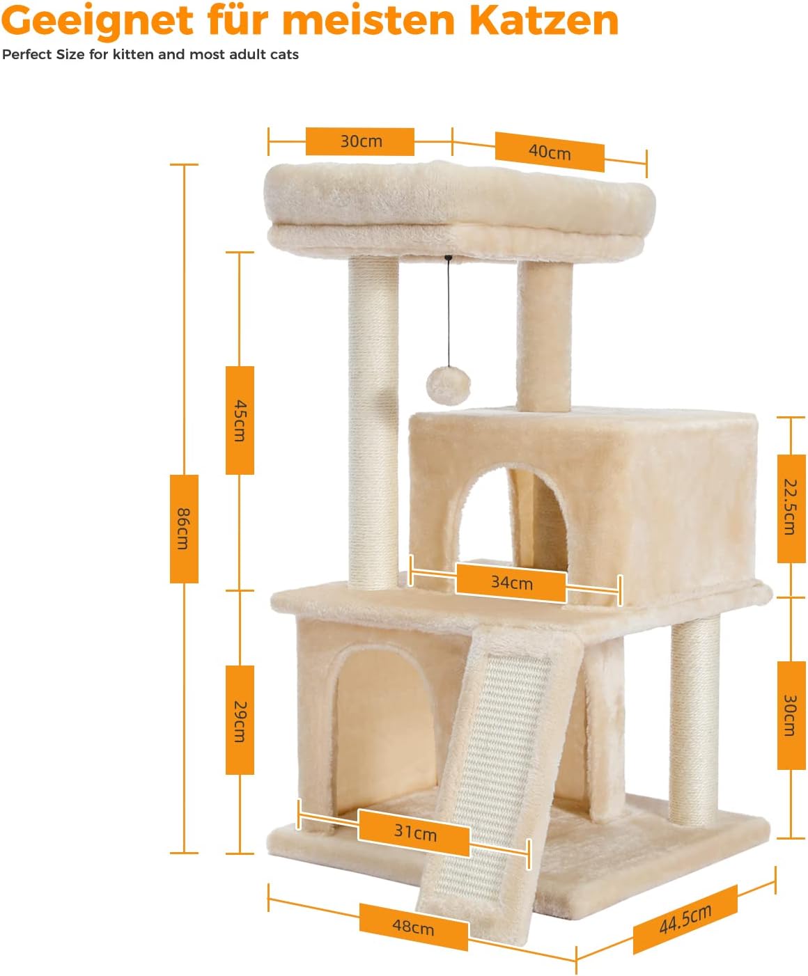 PAWZ Road arbre à chat, griffoir 51 cm, meuble pour chat avec corde en sisal, panier en peluche, maisonnette creuse, jouet pour chats, beige
