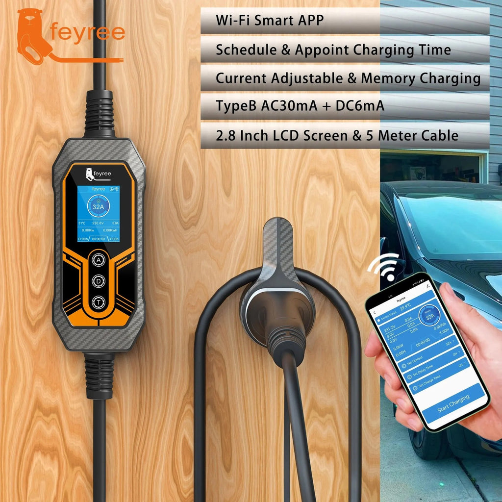 feyree Chargeur de voiture électrique portable type 2 EVSE, avec contrôle via application Wi‑Fi, courant réglable et charge intelligente - 32 A / 7 kW