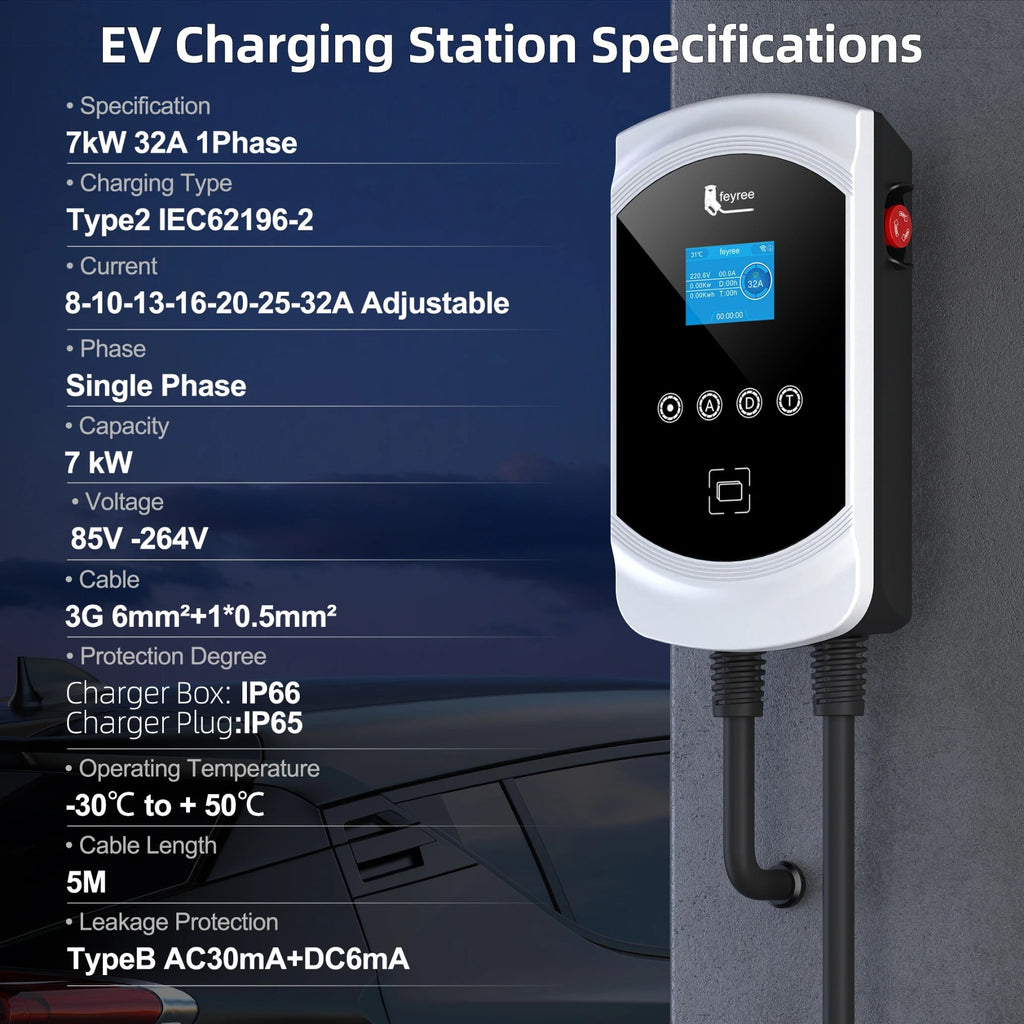feyree Chargeur EV Type 2 32 A 7,6 kW 1P Équilibrage dynamique de la charge Modèle EVSE Wallbox Fonctionnalité d’application Wi-Fi intelligente pour voitures électriques