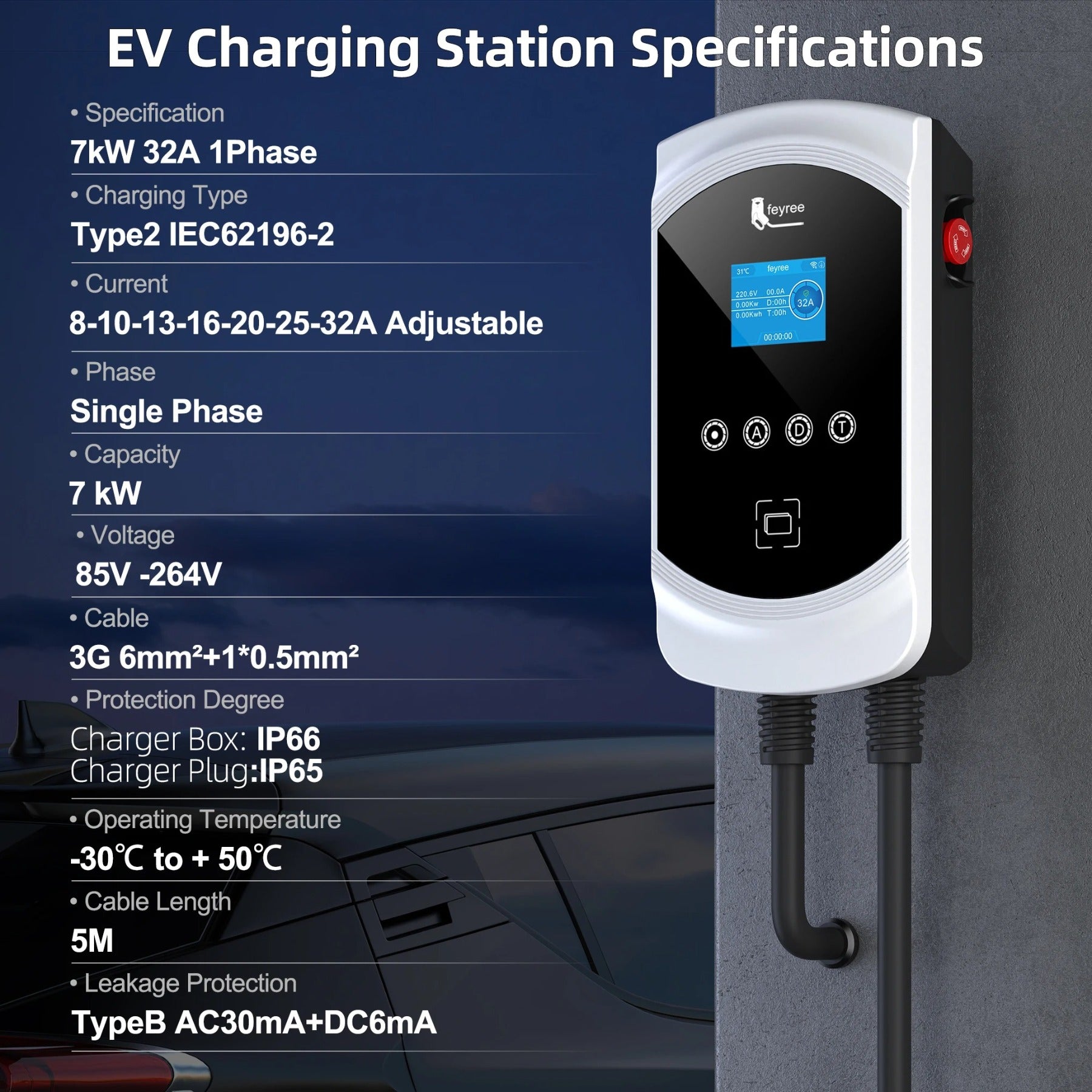 feyree Chargeur EV Type 2 32 A 7,6 kW 1P Équilibrage dynamique de la charge Modèle EVSE Wallbox Fonctionnalité d’application Wi-Fi intelligente pour voitures électriques