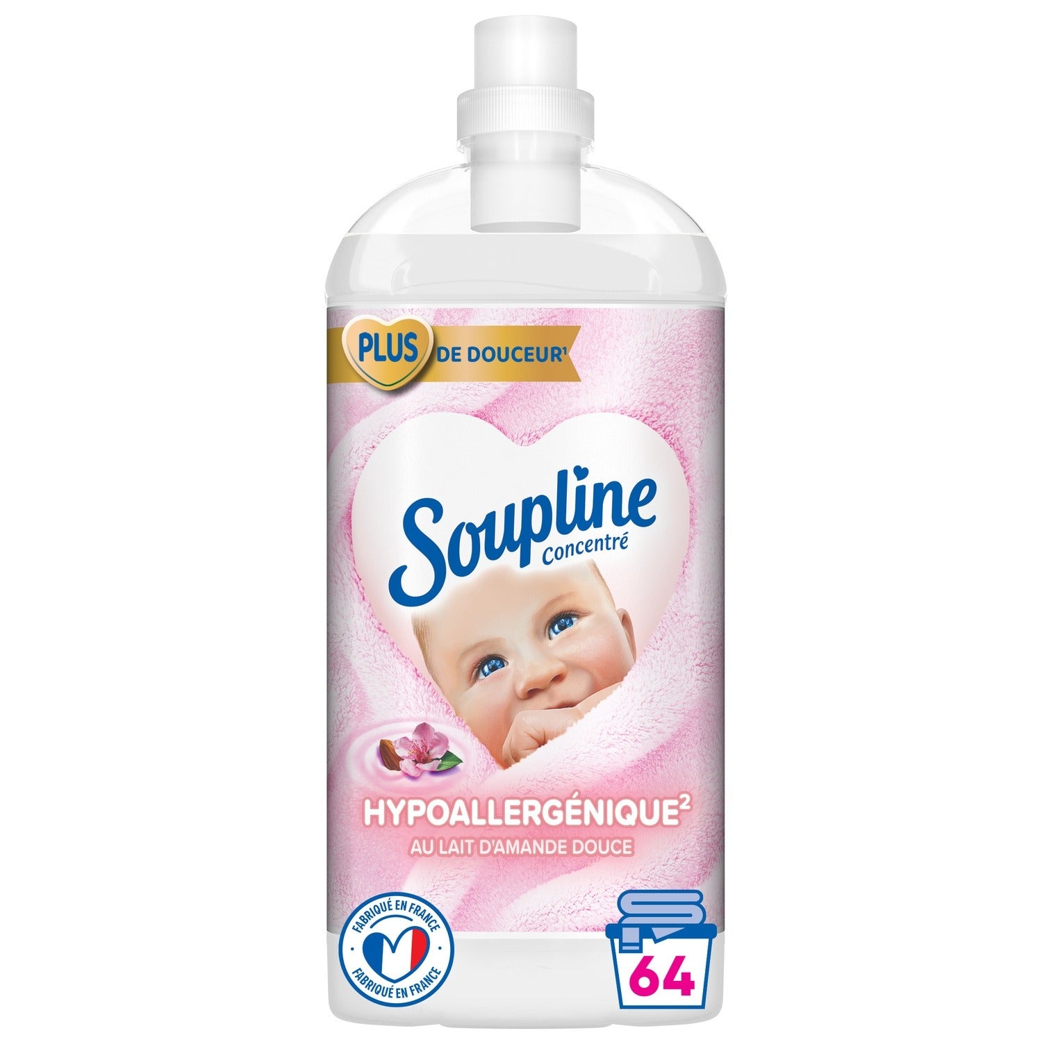 SOUPLINE Adoucissant hypoallergénique pour bébé, Amande douce, Concentré, 64 lavages, 1,35 L