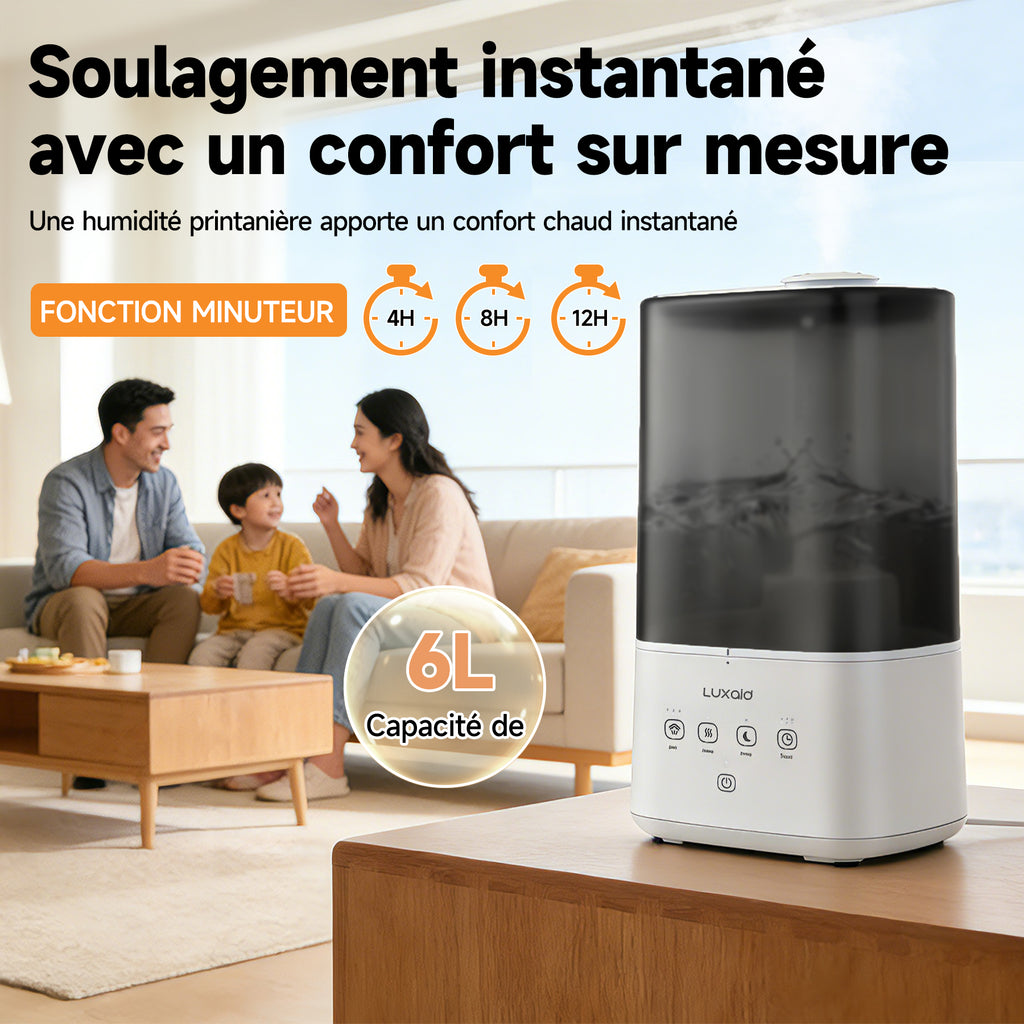 Luxaid Humidificateur 6L Brume Froide/Chaude, Remplissage par le haut, commande tactile, minuterie 4/8/12h, mode silencieux 20dB, buse 360°, fonction aromathérapie pour grande pièce