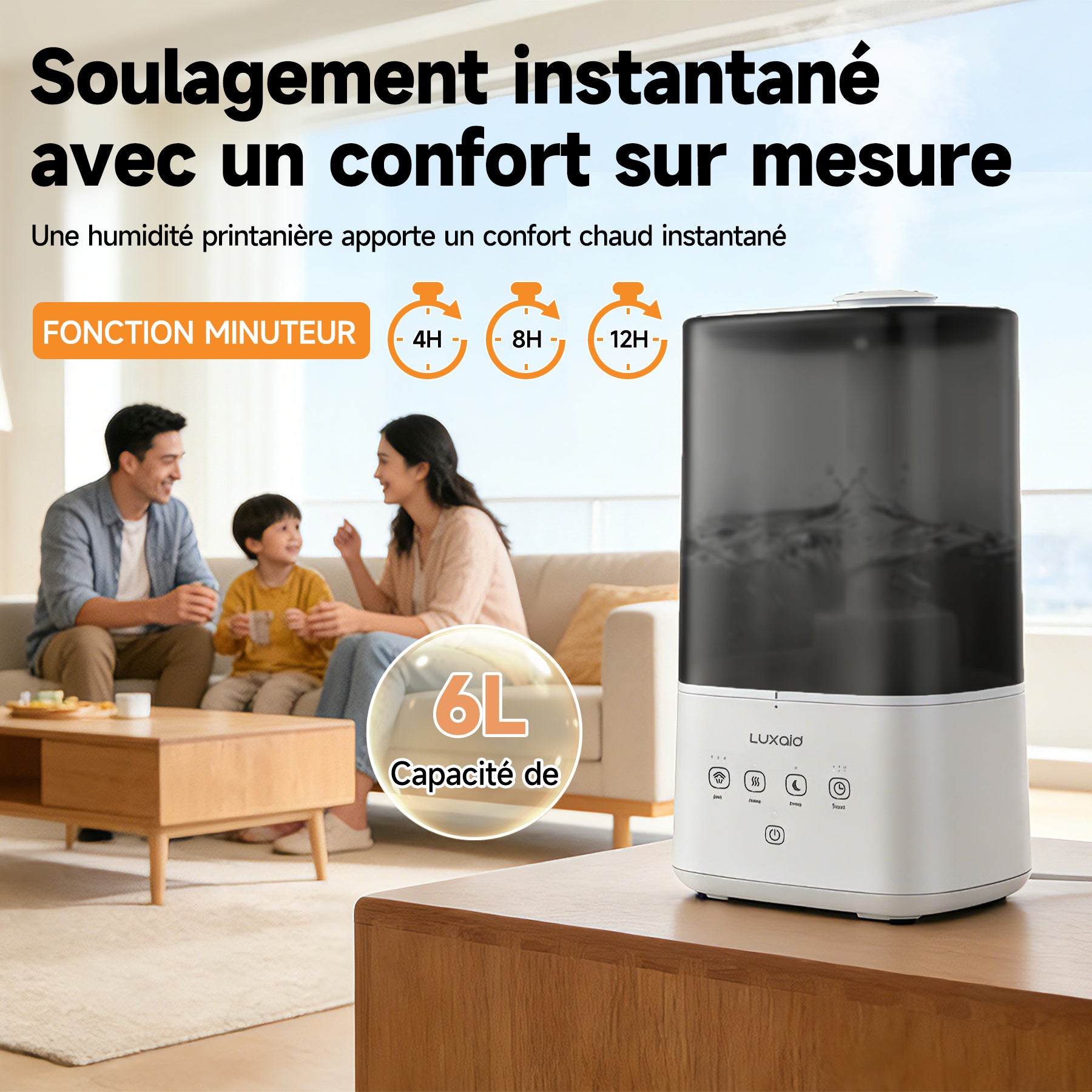 Luxaid Humidificateur 6L Brume Froide/Chaude, Remplissage par le haut, commande tactile, minuterie 4/8/12h, mode silencieux 20dB, buse 360°, fonction aromathérapie pour grande pièce
