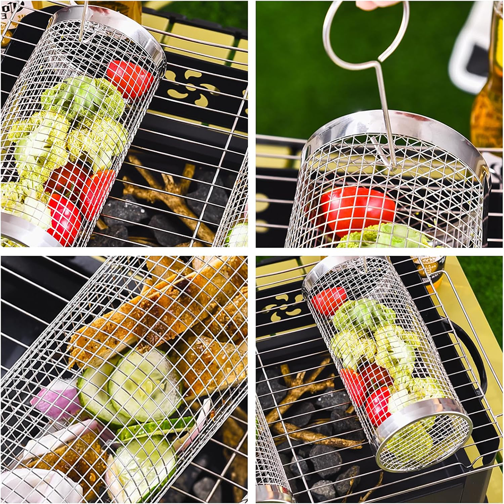 Huacan Panier rond à barbecue, Seau de barbecue d’extérieur, Cage de fumage pour barbecue portable, Panier roulant rotatif en acier inoxydable, Petit