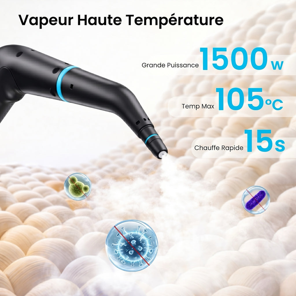 monsga Nettoyeur vapeur 1500 W à chauffe rapide, Prêt en 15 s & Pression de 3,5 bar, Grand réservoir de 1,6 L pour nettoyage de 120 m², Nettoyeur vapeur polyvalent robuste avec kit d’accessoires, Blanc