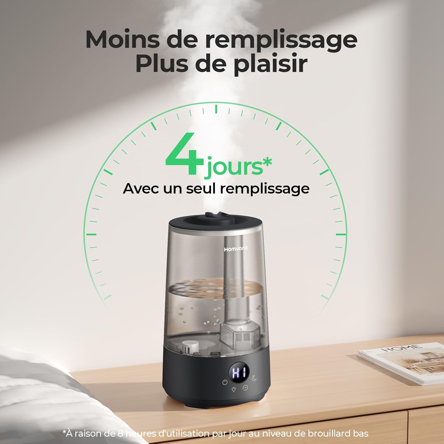 Homvana Humidificateur H101 3,6 L Noir - Remplissage par le haut, Pulvérisation silencieuse, Autonomie 34 h, Silencieux 16 dB, Diffuseur d'arômes et veilleuse