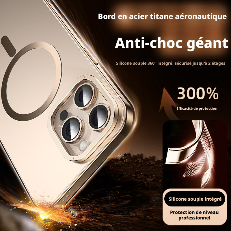Coque pour iPhone 16 Pro, cadre en alliage, protection antichoc en métal, couleur d’origine, anneau magnétique MagSafe, or désert, 1 pièce