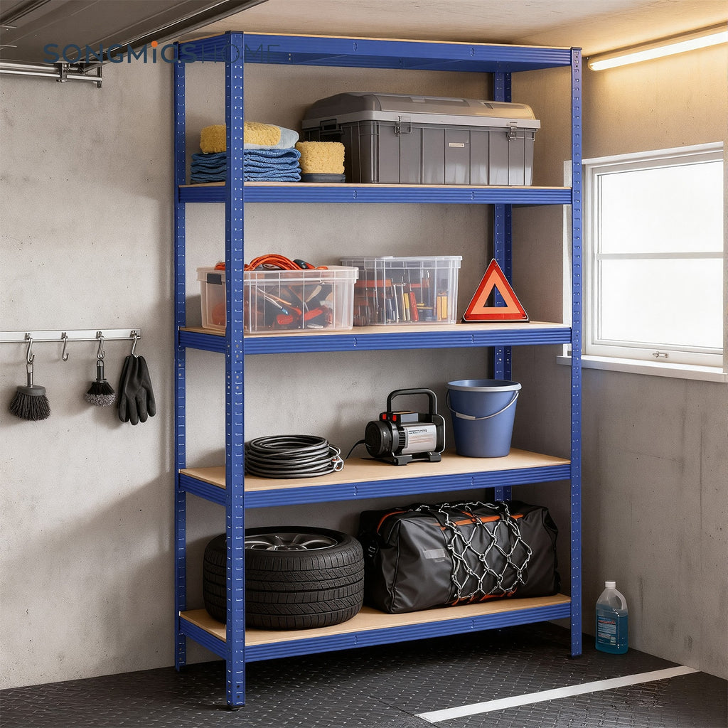 JOYFURNOS Étagère à 5 niveaux, Étagère de rangement en acier, Pour garage et abri, Capacité de charge 750 kg, Bleu