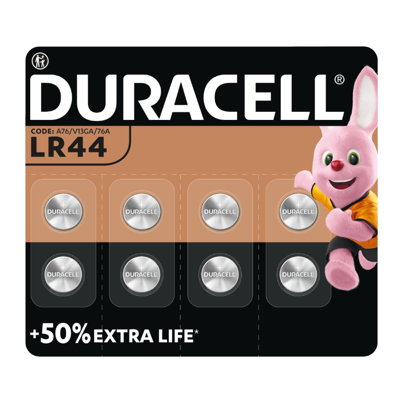DURACELL LR44 Lot de 8 piles alcalines spéciales 1,5V A76 pour thermomètres numériques / calculatrices / lampes de poche / montres / panneaux de systèmes de sécurité / appareils