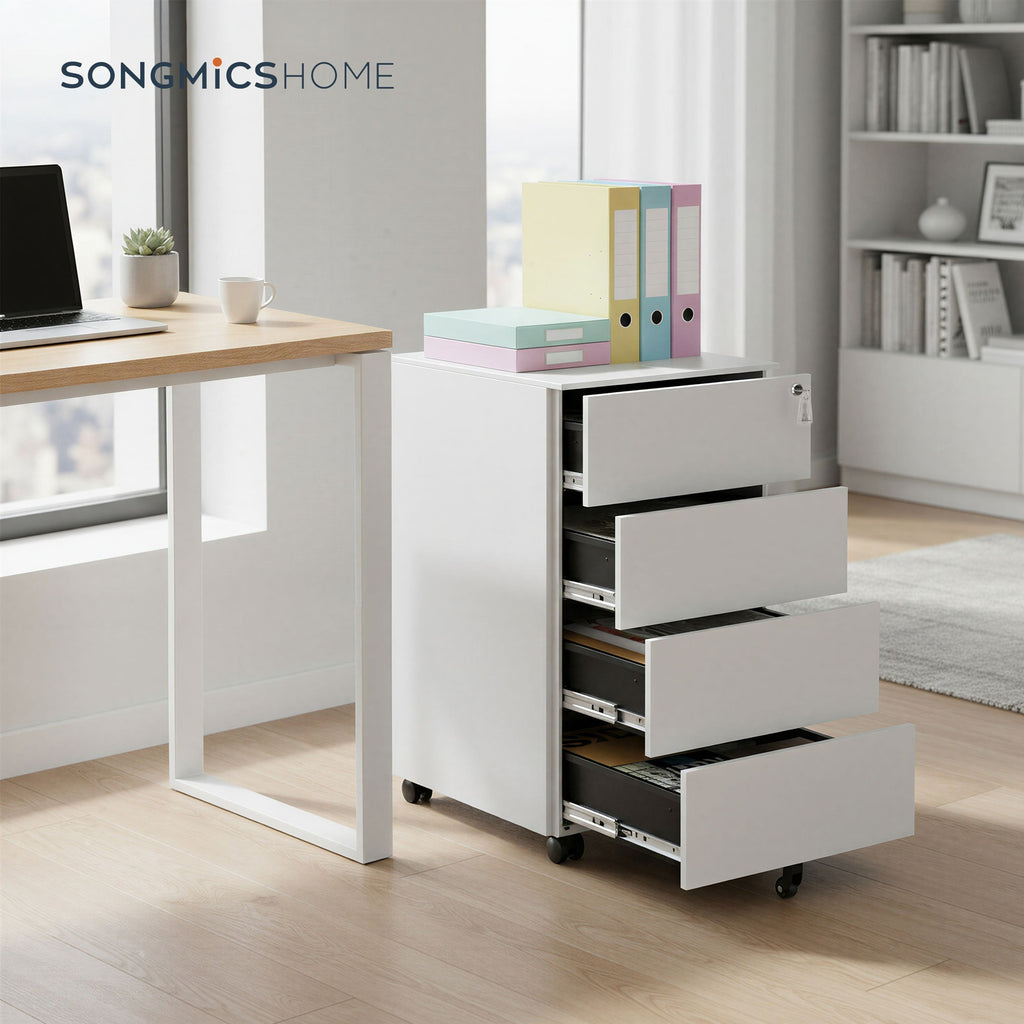JOYFURNOS Armoire à dossiers mobile préassemblée blanc nuage – verrouillable, 4 tiroirs, rangement pour documents et fournitures