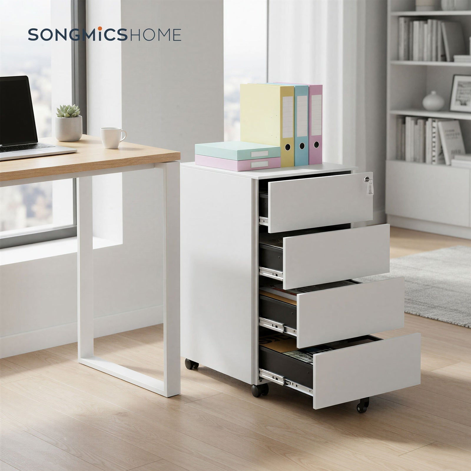 JOYFURNOS Armoire à dossiers mobile préassemblée blanc nuage – verrouillable, 4 tiroirs, rangement pour documents et fournitures