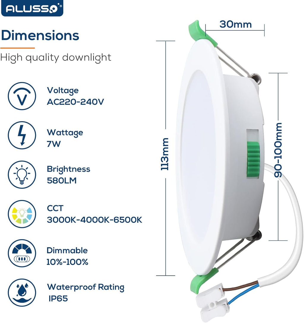 ALIPODLAX Spot encastré IP65, 7 W, 580 lm, 90-100 mm, 230 V, à intensité variable, 3CCT Blanc chaud 3000 K / Blanc neutre 4000 K / Blanc froid 6500 K, pour salle de bain, cuisine, lot de 6
