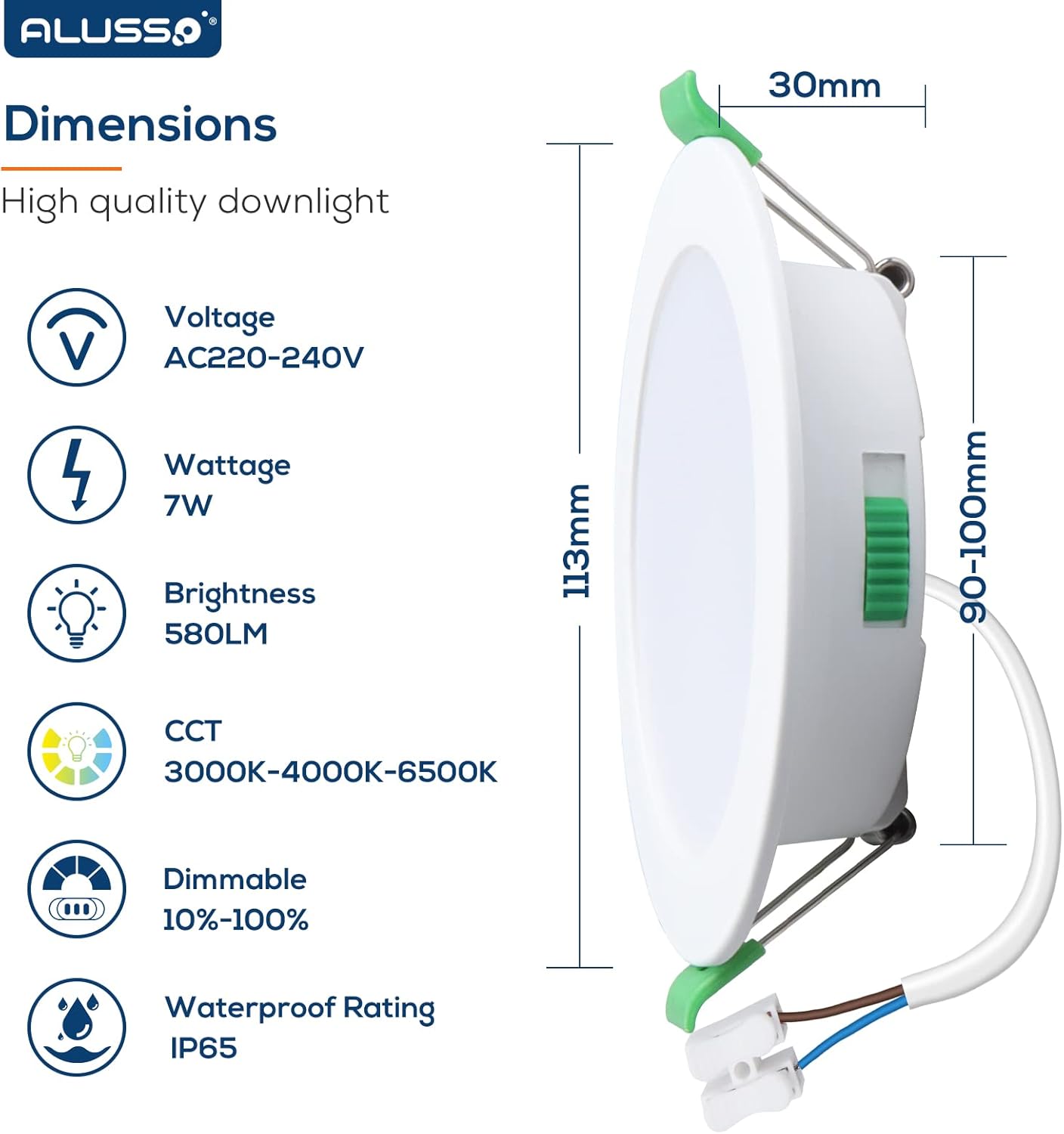 ALIPODLAX Spot encastré IP65, 7 W, 580 lm, 90-100 mm, 230 V, à intensité variable, 3CCT Blanc chaud 3000 K / Blanc neutre 4000 K / Blanc froid 6500 K, pour salle de bain, cuisine, lot de 6