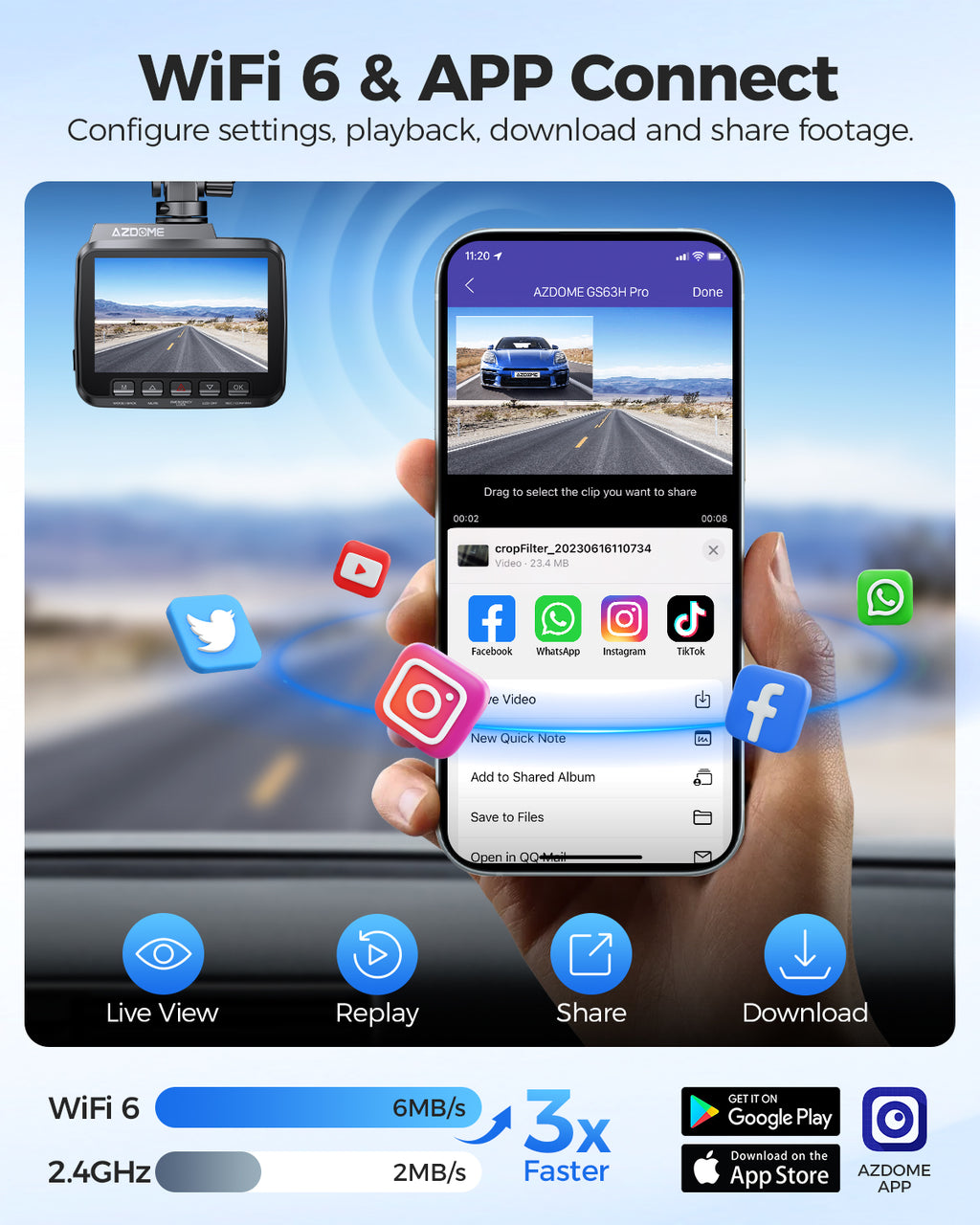 AZDOME GS63H Pro Caméra embarquée de voiture 4K avant et arrière avec GPS, Wi‑Fi et technologie Starvis