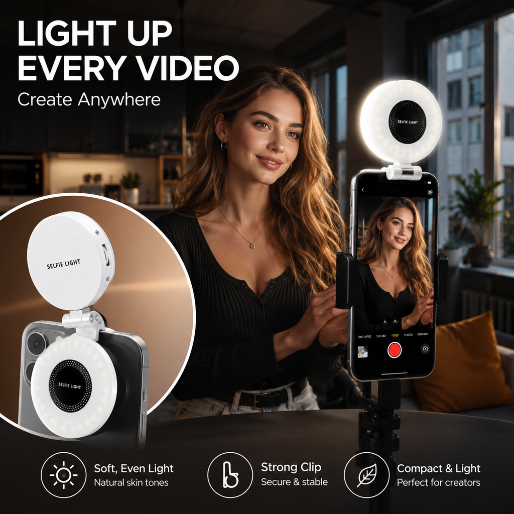 VoxorAI M28 Noir Éclairage d’appoint pour égoportraits, miroir avec fixation magnétique. Qualité IRC 95+, bande lumineuse LED 360° et miroir en un. Compatible avec iPhone/Android
