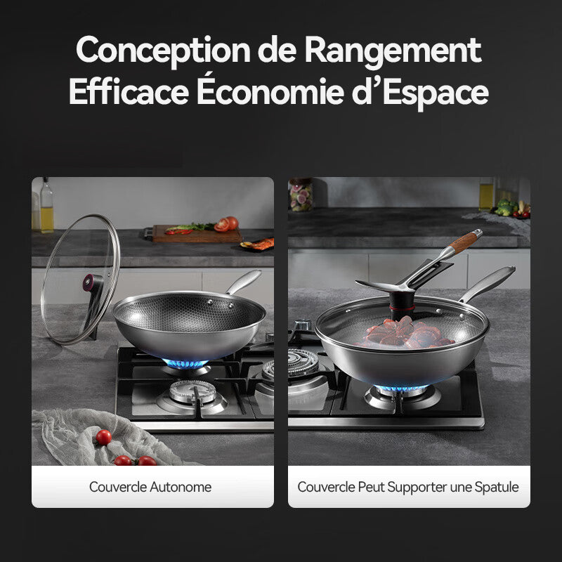 Ochama Wok Antiadhésif -30 cm, Revêtement Nid d'Abeille, Design Anti-éclaboussures, Compatible Gaz, Induction et Vitrocéramique, Couvercle Inclus